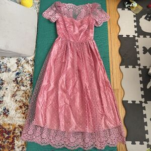 Vintage 50s Pink Satin Floral Lace Princess Sweetheart Gown Dress XS Babydoll EC